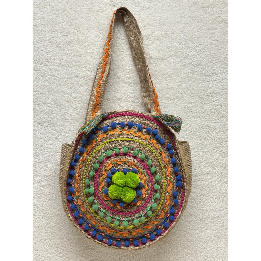 Lulus Shoulder Bag Tan Jute Bohemian Pom Pom Rickrack Tassel Round Purse